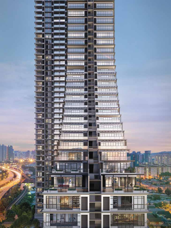 Khaya Residence tower facade at dusk, seen from street level