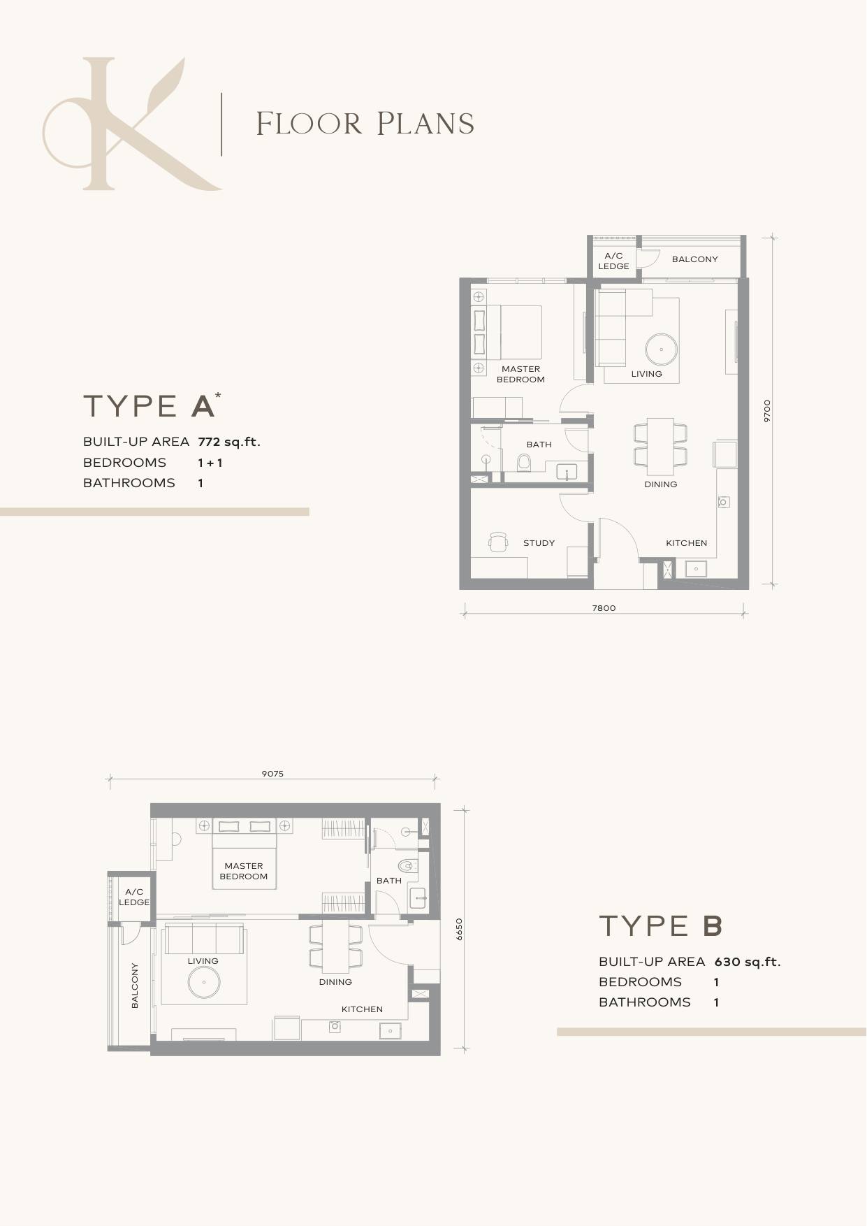 Khaya Residence floor plan, layout Type A and Type B