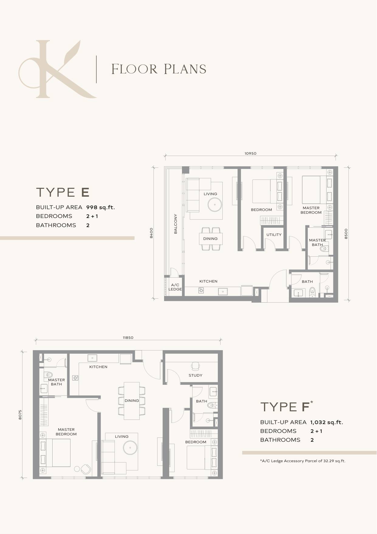 Khaya Residence floor plan, layout Type E and Type F