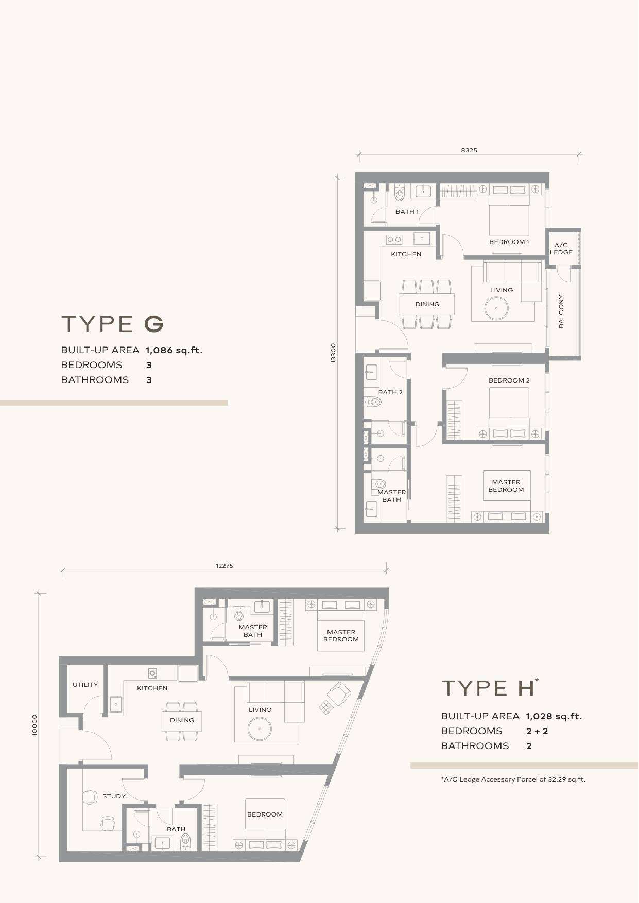 Khaya Residence floor plan, layout Type G and Type H