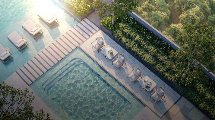 Parkside Residences infinity and lap pools seen from above