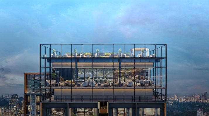Parkside Residences rooftop terrace crowning the tower at dusk