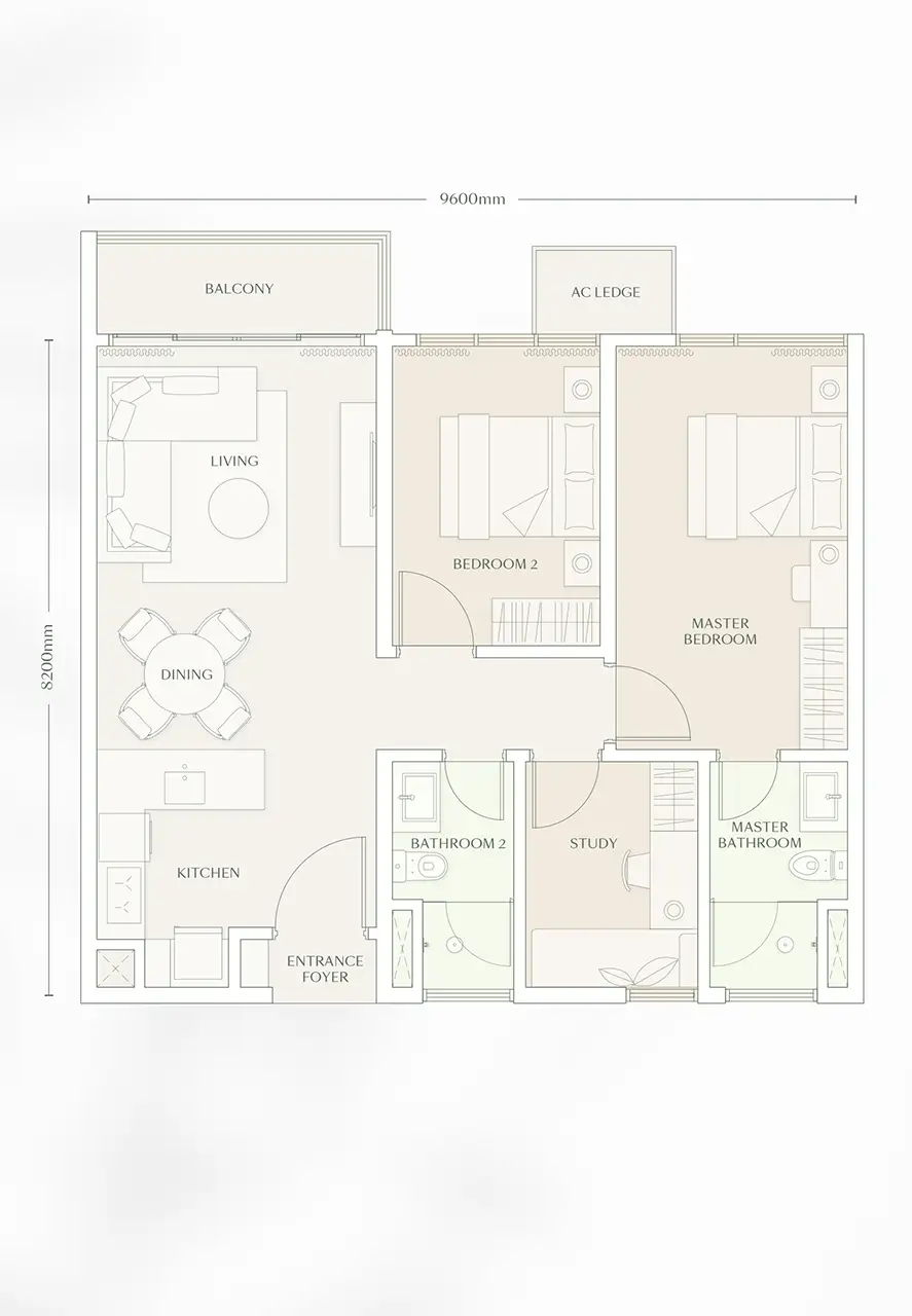 Parkside Residences floor plan, Type D2, 2 bedroom + study